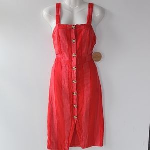 Urban Romantics Red Linen Blend Striped Button Down Dress